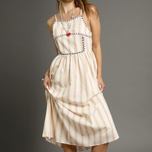 Umgee Striped Colorful Embroidered Trim Cami Dress - Picture 1 of 4